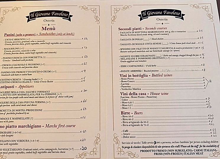 Fotografia del menu dell'Osteria Il Giovane Favoloso